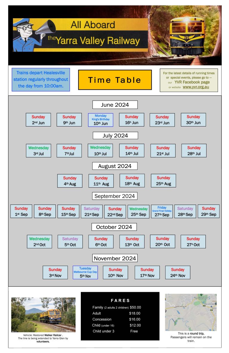 A timetable displaying dates from June 2024 to November 2024. The dates are our train running days - which is every Sunday, and during school holidays Wednesdays, with public holiday running also.